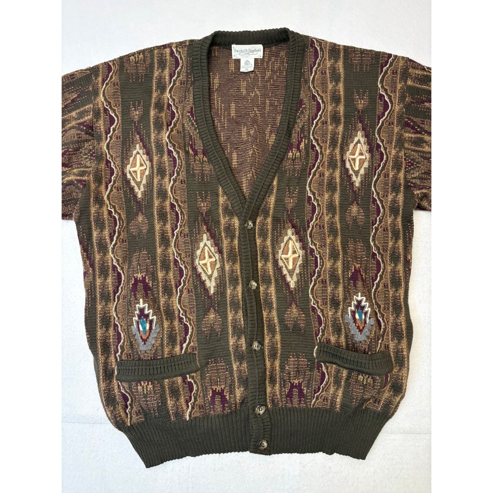 Tricots St Raphael Vintage Wool Cardigan Sweater XL Green Geometric Uruguay